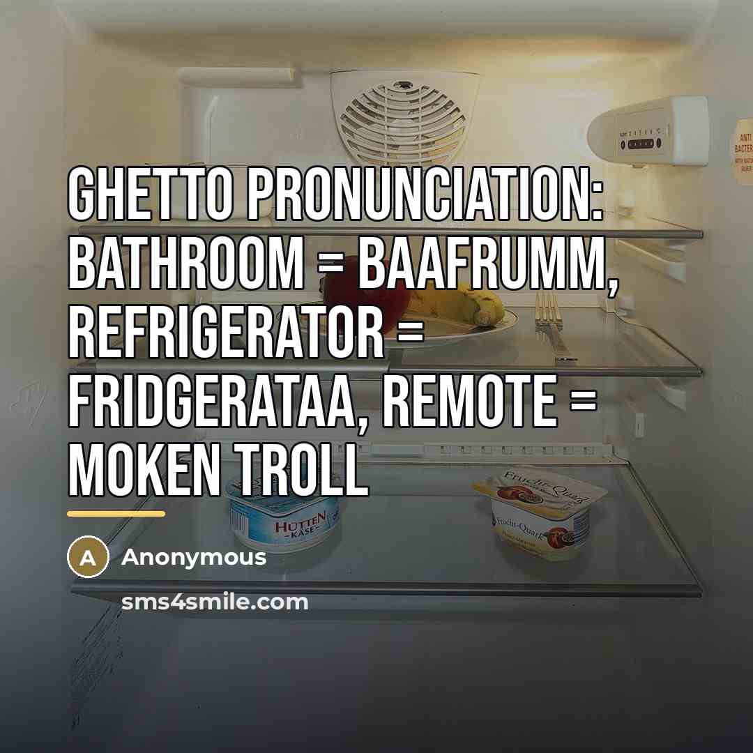 “Ghetto pronunciation: Bathroom = Baafrumm, Refrigerator = Fridgerataa, Remote =…” quote by Anonymous