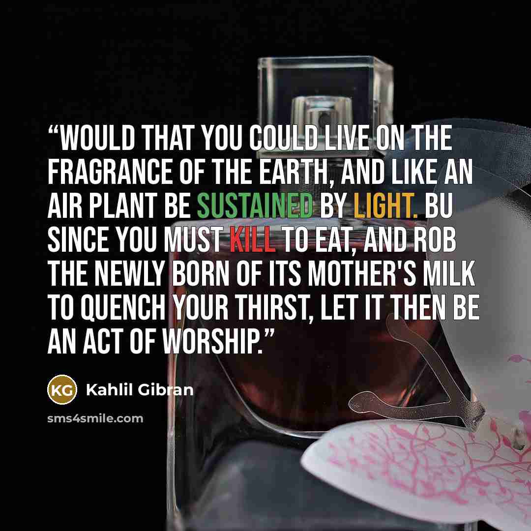 “Would that you could live on the fragrance of the earth, and like an air plant be sustained by light. Bu since you must kill to eat, and rob the newly born of its mother's milk to quench your thirst, let it then be an act of worship.” quote by Kahlil Gibran