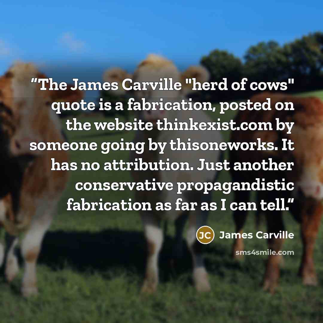 “The James Carville "herd of cows" quote is a fabrication, posted on the website thinkexist.com by someone going by thisoneworks. It has no attribution. Just another conservative propagandistic fabrication as far as I can tell.” quote by James Carville