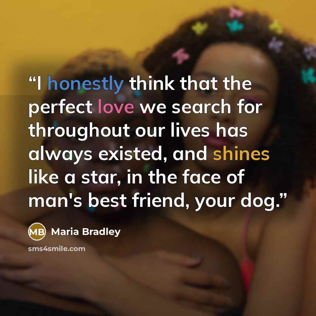 “I honestly think that the perfect love we search for throughout our lives has always existed, and shines like a star, in the face of man's best friend, your dog.” quote by Maria Bradley