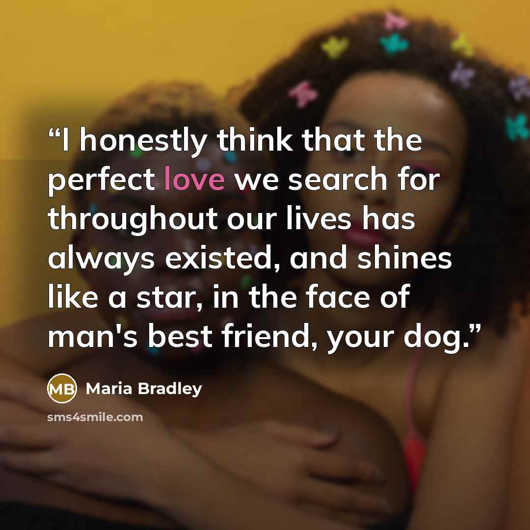“I honestly think that the perfect love we search for throughout our lives has always existed, and shines like a star, in the face of man's best friend, your dog.” quote by Maria Bradley