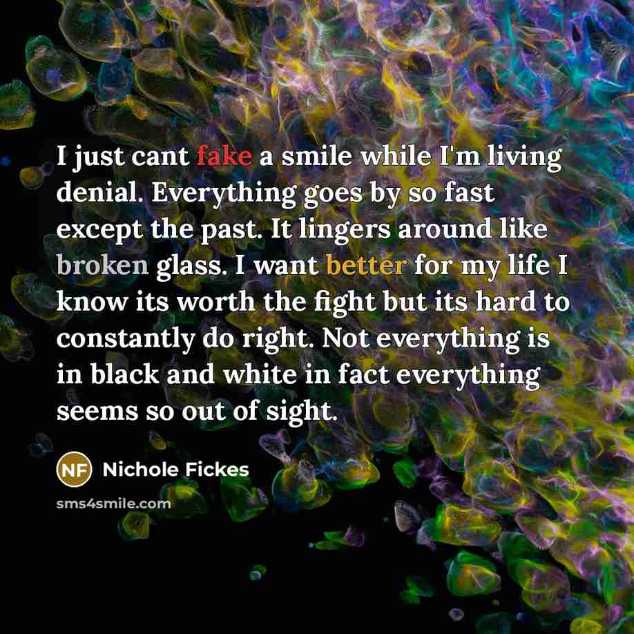 “I just cant fake a smile while I'm living denial.…” quote by Nichole Fickes