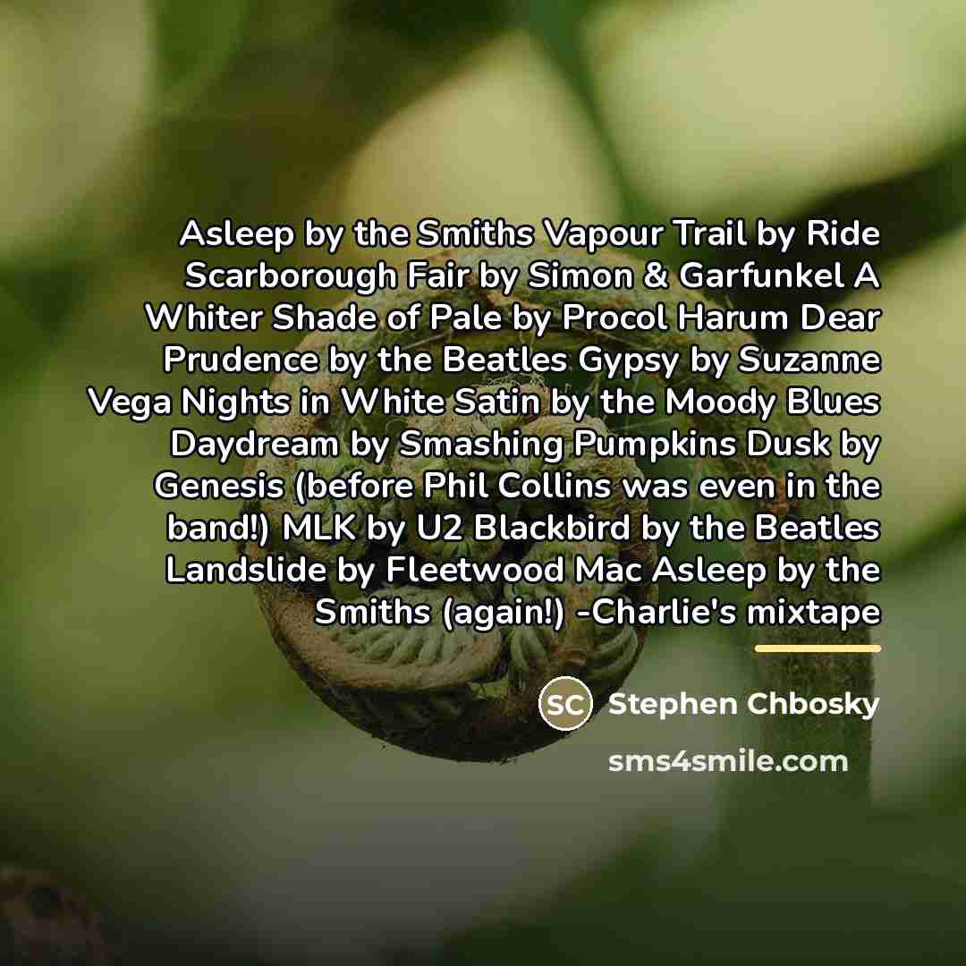 “Asleep by the Smiths Vapour Trail by Ride Scarborough Fair…” quote by Stephen Chbosky