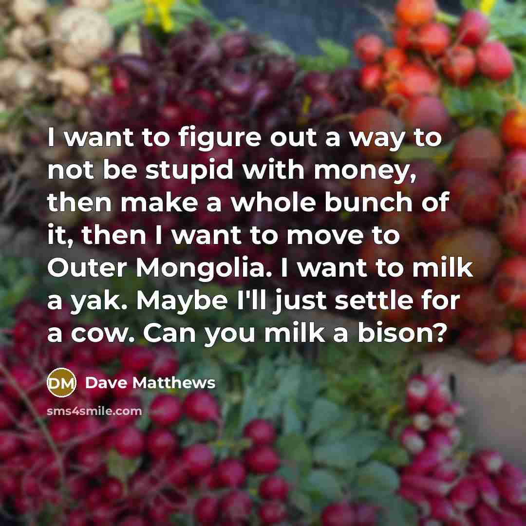 “I want to figure out a way to not be stupid with money, then make a whole bunch of it, then I want to move to Outer Mongolia. I want to milk a yak. Maybe I'll just settle for a cow. Can you milk a bison?” quote by Dave Matthews