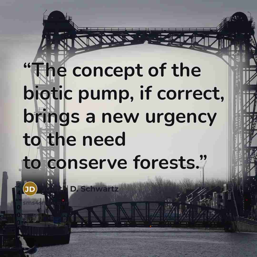 “The concept of the biotic pump, if correct, brings a new urgency to the need to conserve forests.” quote by Judith D. Schwartz