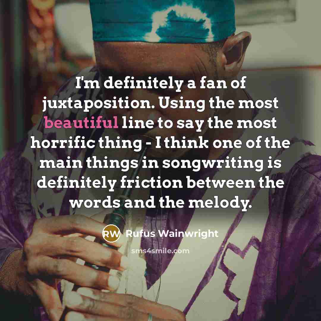 “I'm definitely a fan of juxtaposition. Using the most beautiful…” quote by Rufus Wainwright