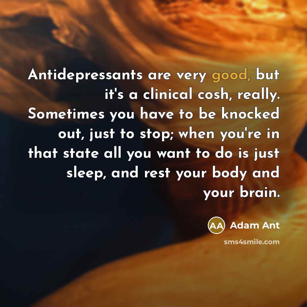“Antidepressants are very good, but it's a clinical cosh, really. Sometimes you have to be knocked out, just to stop; when you're in that state all you want to do is just sleep, and rest your body and your brain.” quote by Adam Ant
