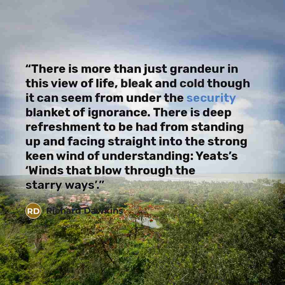 “There is more than just grandeur in this view of life, bleak and cold though it can seem from under the security blanket of ignorance. There is deep refreshment to be had from standing up and facing straight into the strong keen wind of understanding: Yeats’s ‘Winds that blow through the starry…” quote by Richard Dawkins
