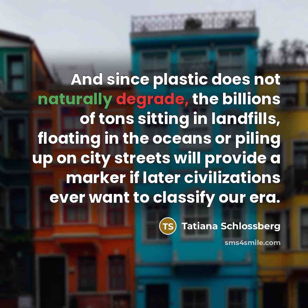 “And since plastic does not naturally degrade, the billions of…” quote by Tatiana Schlossberg