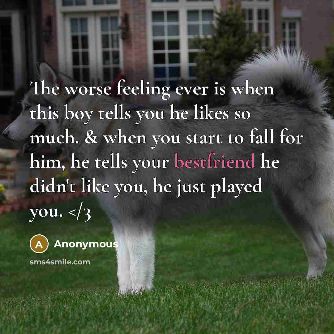 “The worse feeling ever is when this boy tells you he likes so much. & when you start to fall for him, he tells your bestfriend he didn't like you, he just played you.” quote by Anonymous