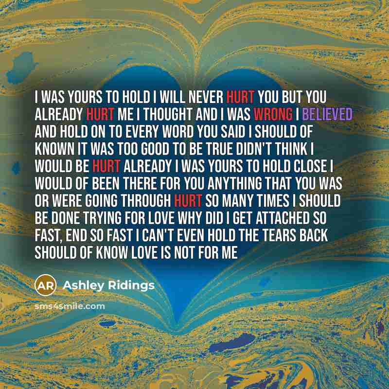 “I was yours to hold i will never hurt you but you already hurt me I thought and I was wrong I believed and hold on to every word you said I should of known it was too good to be true Didn't think I would be hurt already I was yours to hold close i would of been there for you anything that you was…” quote by Ashley Ridings