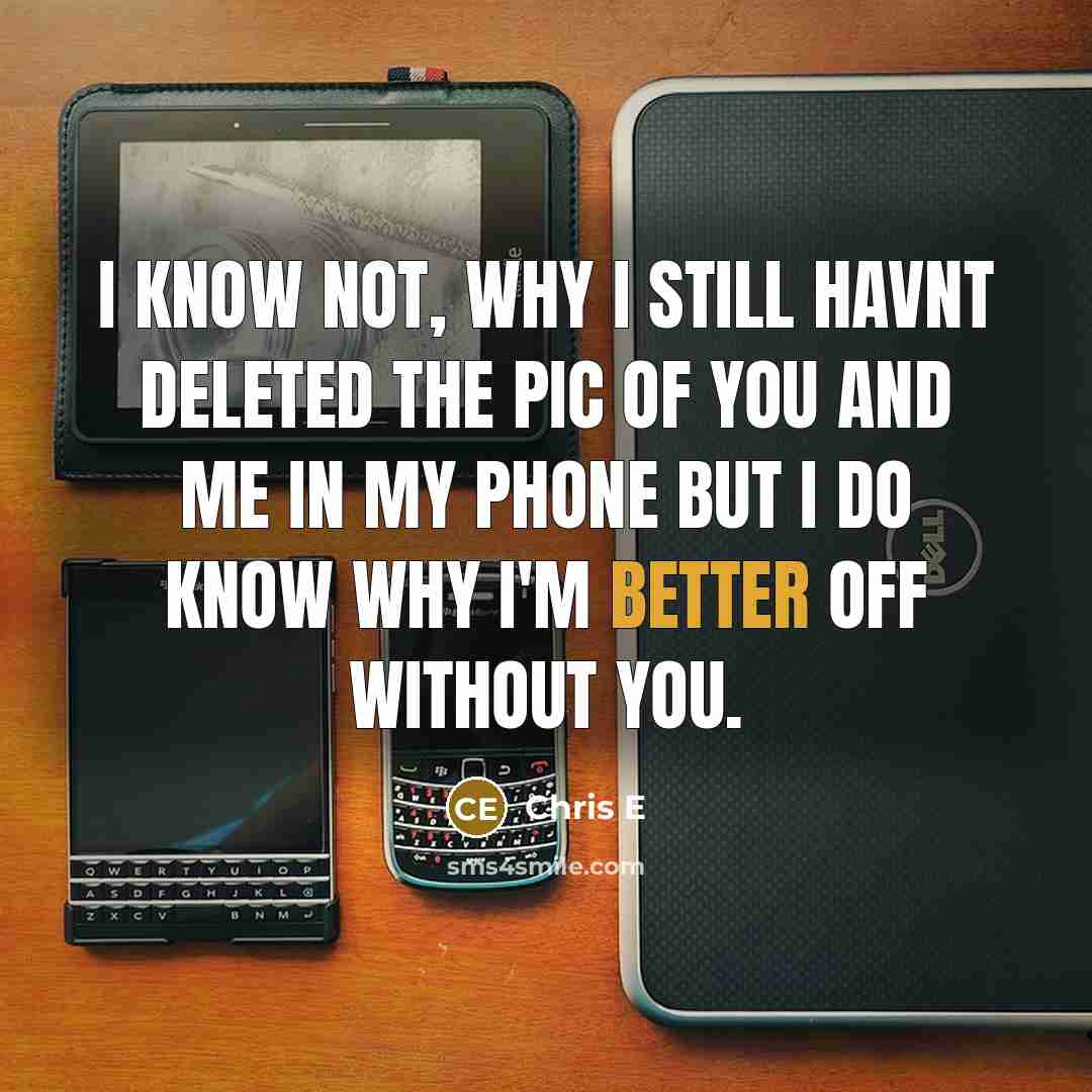 “I know not, why I still havnt deleted the pic of you and me in my phone but I do know why I'm better off without you.” quote by Chris E