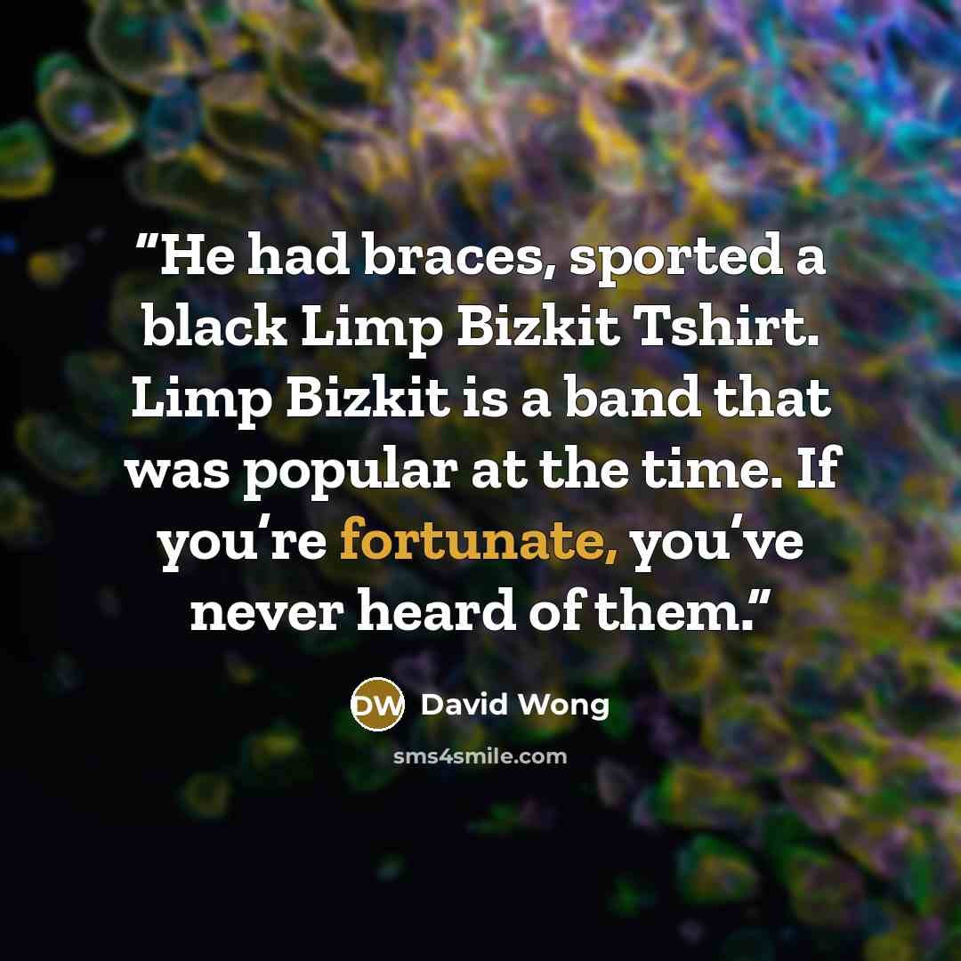 “He had braces, sported a black Limp Bizkit Tshirt. Limp Bizkit is a band that was popular at the time. If you’re fortunate, you’ve never heard of them.” quote by David Wong