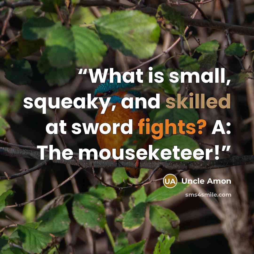 “What is small, squeaky, and skilled at sword fights? A: The mouseketeer!” quote by Uncle Amon