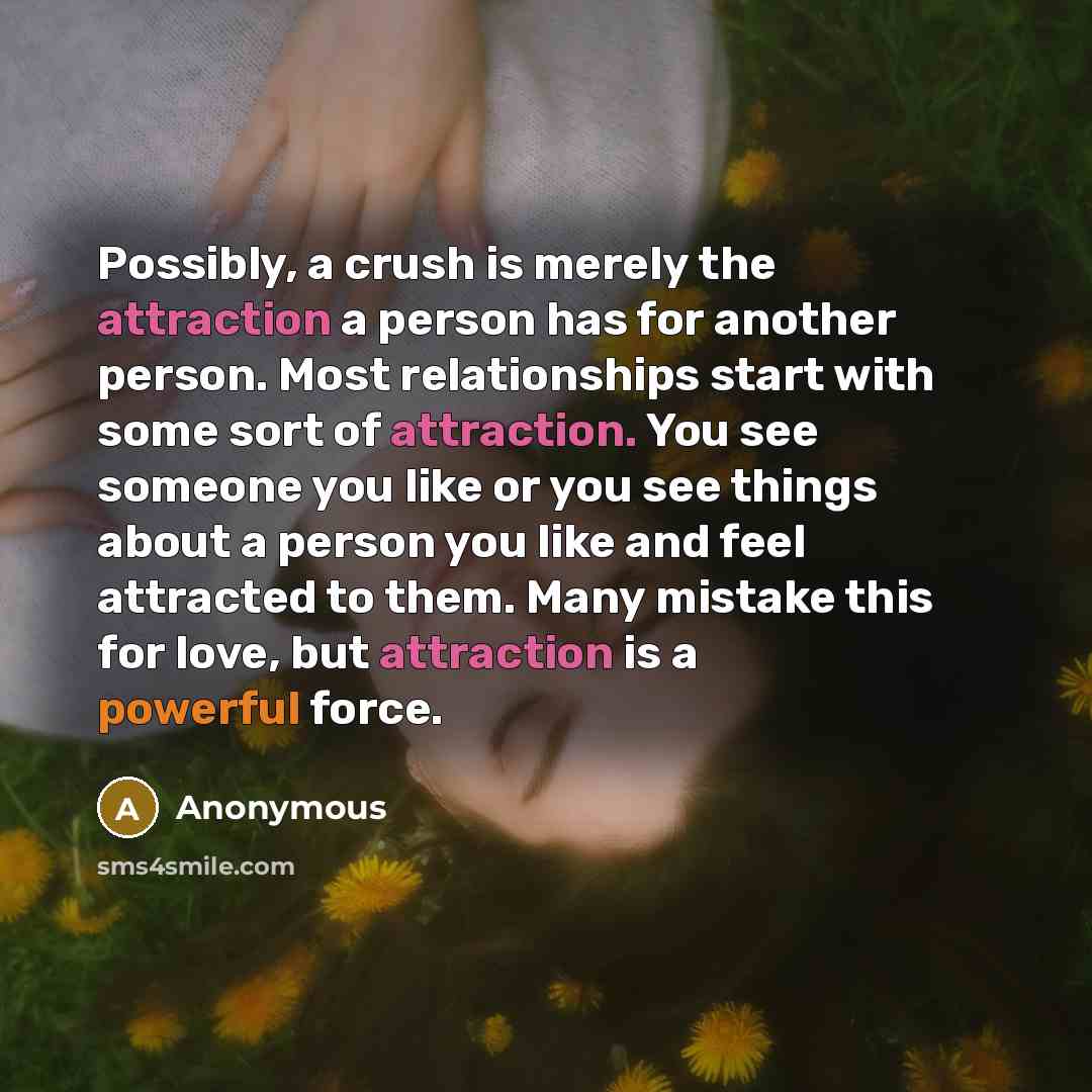 “Possibly, a crush is merely the attraction a person has for another person. Most relationships start with some sort of attraction. You see someone you like or you see things about a person you like and feel attracted to them. Many mistake this for love, but attraction is a powerful force.” quote by Anonymous