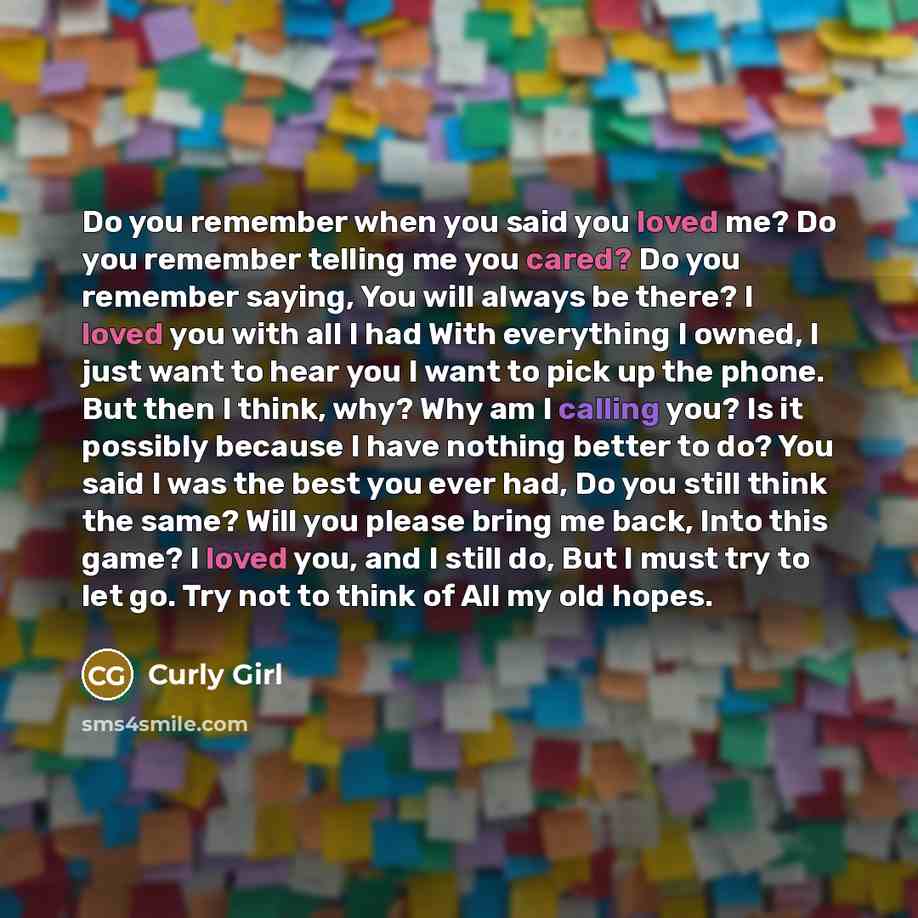 “Do you remember when you said you loved me? Do you remember telling me you cared? Do you remember saying, You will always be there? I loved you with all I had With everything I owned, I just want to hear you I want to pick up the phone. But then I think, why? Why am I calling you? Is it possibly…” quote by Curly Girl