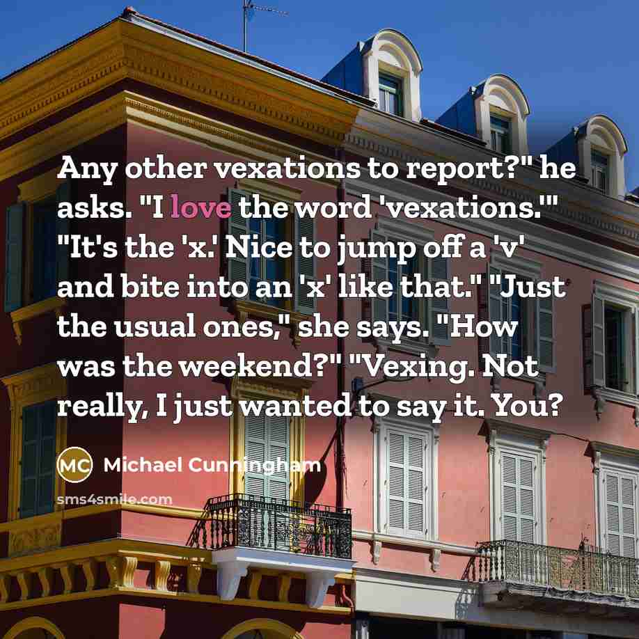 “Any other vexations to report?" he asks. "I love the…” quote by Michael Cunningham
