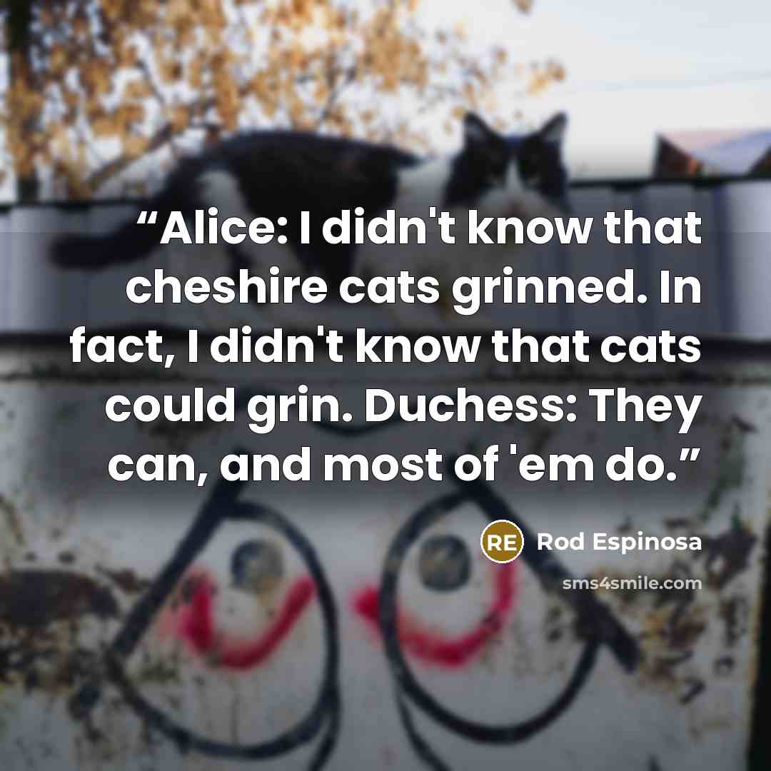 “Alice: I didn't know that cheshire cats grinned. In fact, I didn't know that cats could grin. Duchess: They can, and most of 'em do.” quote by Rod Espinosa