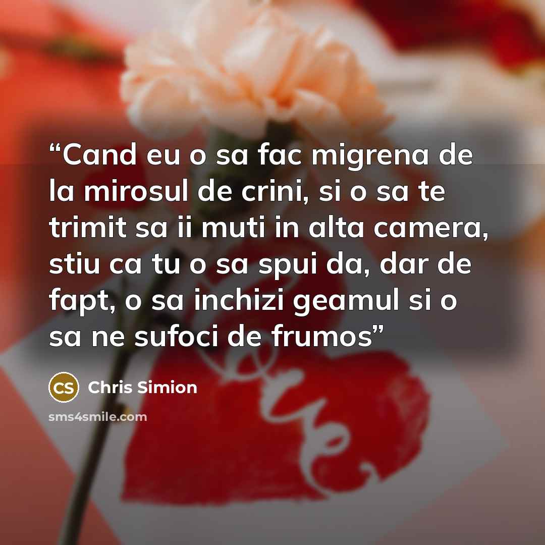 “Cand eu o sa fac migrena de la mirosul de crini, si o sa te trimit sa ii muti in alta camera, stiu ca tu o sa spui da, dar de fapt, o sa inchizi geamul si o sa ne sufoci de frumos” quote by Chris Simion