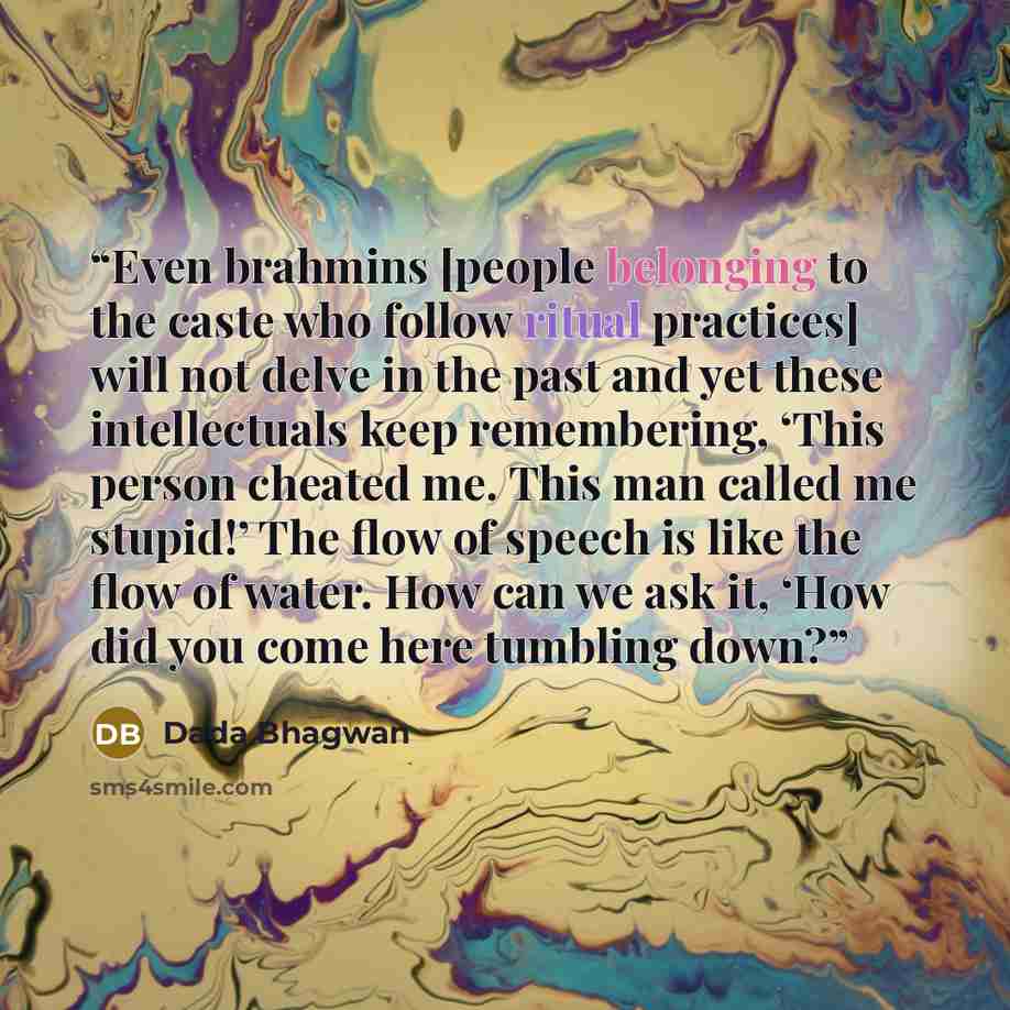 “Even brahmins [people belonging to the caste who follow ritual practices] will not delve in the past and yet these intellectuals keep remembering, ‘This person cheated me. This man called me stupid!’ The flow of speech is like the flow of water. How can we ask it, ‘How did you come here tumbling…” quote by Dada Bhagwan