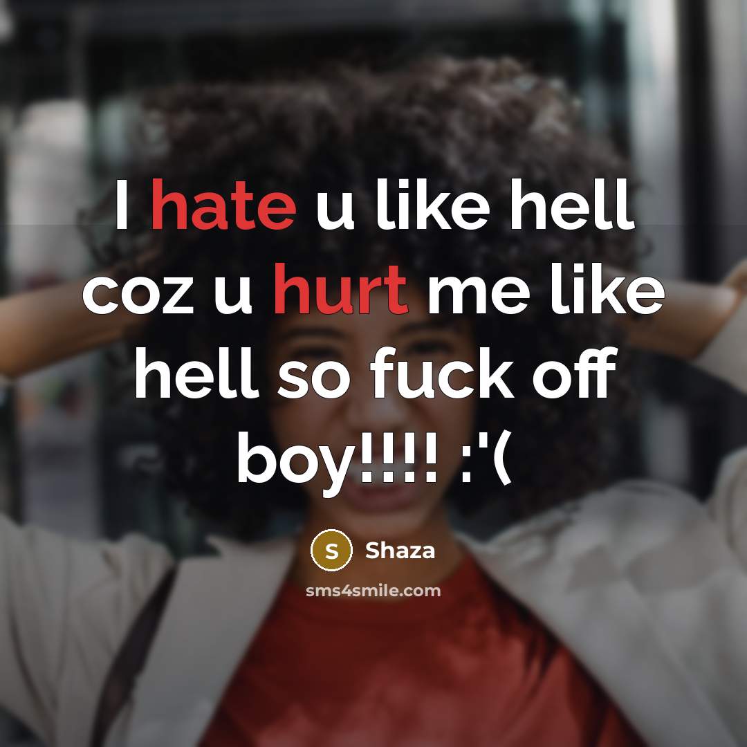 “I hate u like hell coz u hurt me like hell so fuck off boy!!!! :'(” quote by Shaza