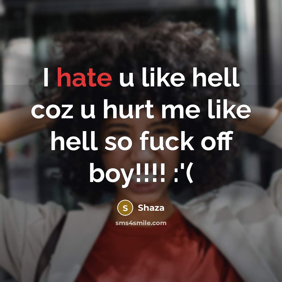 “I hate u like hell coz u hurt me like hell so fuck off boy!!!! :'(” quote by Shaza