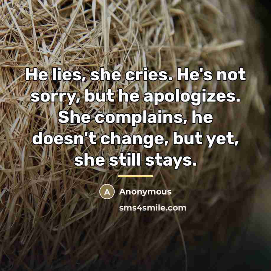 “He lies, she cries. He's not sorry, but he apologizes.…” quote by Anonymous