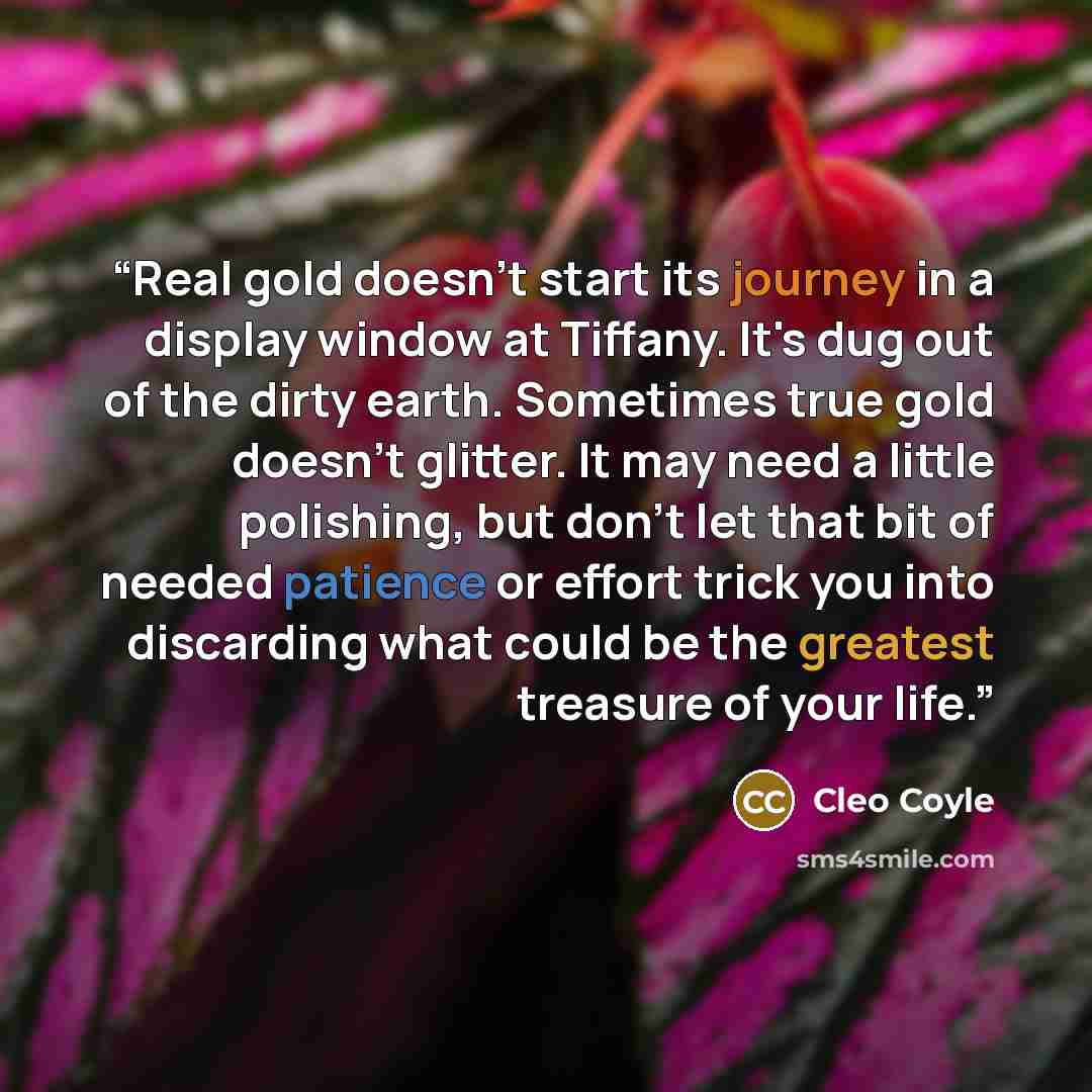“Real gold doesn't start its journey in a display window at Tiffany. It's dug out of the dirty earth. Sometimes true gold doesn't glitter. It may need a little polishing, but don't let that bit of needed patience or effort trick you into discarding what could be the greatest treasure of your life.” quote by Cleo Coyle
