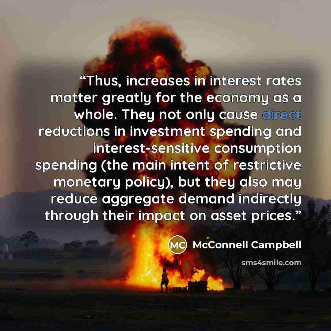 “Thus, increases in interest rates matter greatly for the economy as a whole. They not only cause direct reductions in investment spending and interest-sensitive consumption spending (the main intent of restrictive monetary policy), but they also may reduce aggregate demand indirectly through their…” quote by McConnell Campbell