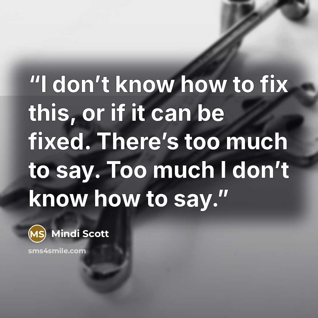“I don’t know how to fix this, or if it can be fixed. There’s too much to say. Too much I don’t know how to say.” quote by Mindi Scott