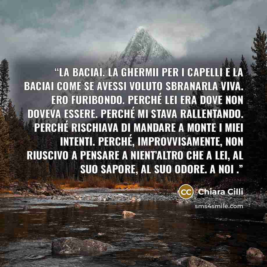 “La baciai. La ghermii per i capelli e la baciai come se avessi voluto sbranarla viva. Ero furibondo. Perché lei era dove non doveva essere. Perché mi stava rallentando. Perché rischiava di mandare a monte i miei intenti. Perché, improvvisamente, non riuscivo a pensare a nient’altro che a lei, al…” quote by Chiara Cilli