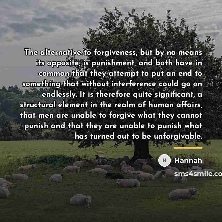 “The alternative to forgiveness, but by no means its opposite,…” quote by Hannah
