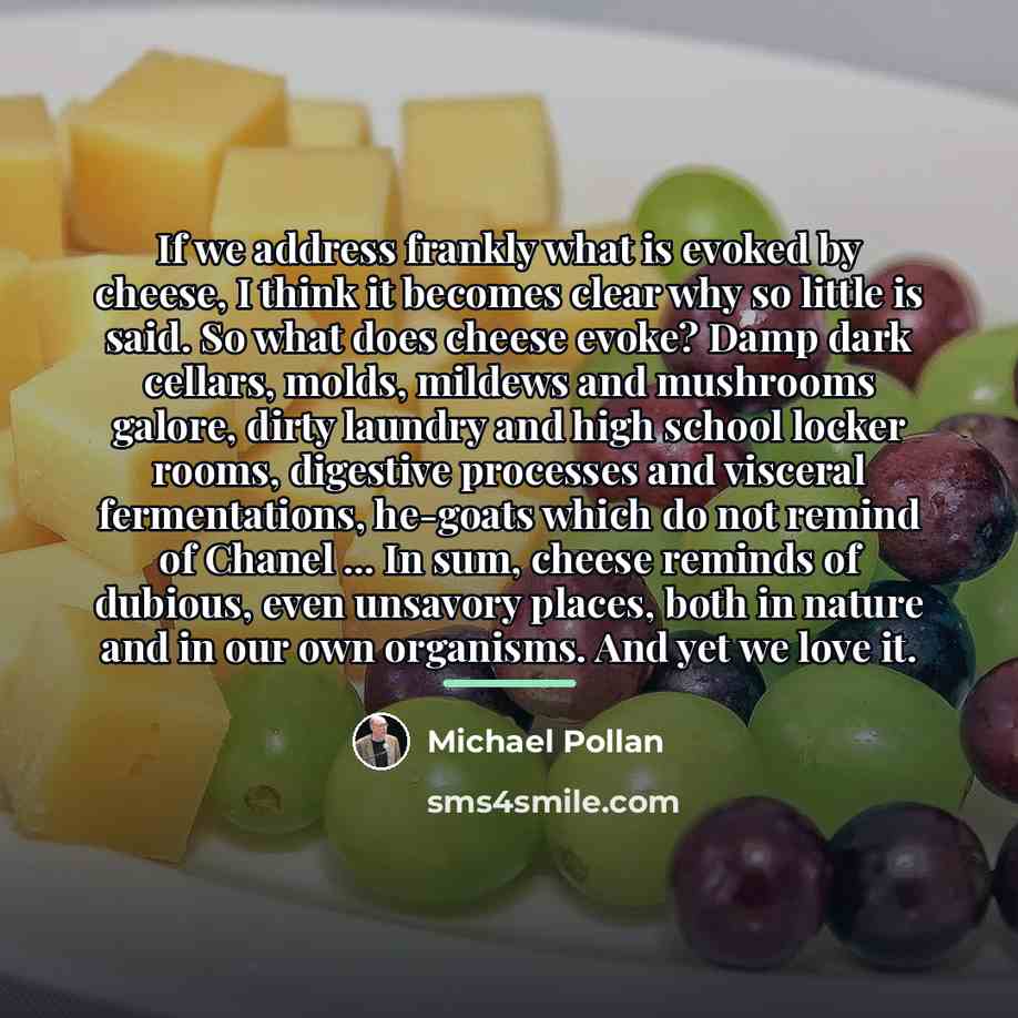 “If we address frankly what is evoked by cheese, I…” quote by Michael Pollan