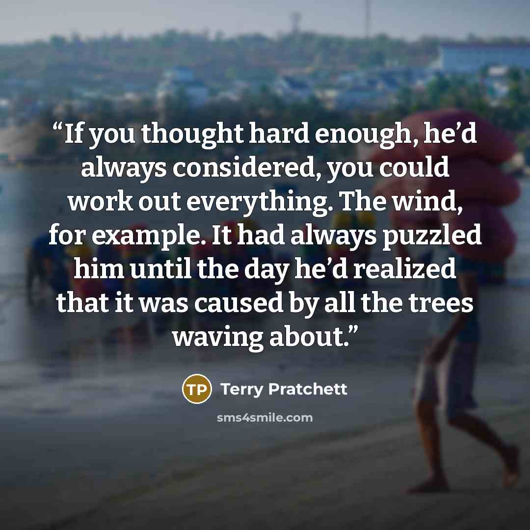 “If you thought hard enough, he’d always considered, you could work out everything. The wind, for example. It had always puzzled him until the day he’d realized that it was caused by all the trees waving about.” quote by Terry Pratchett