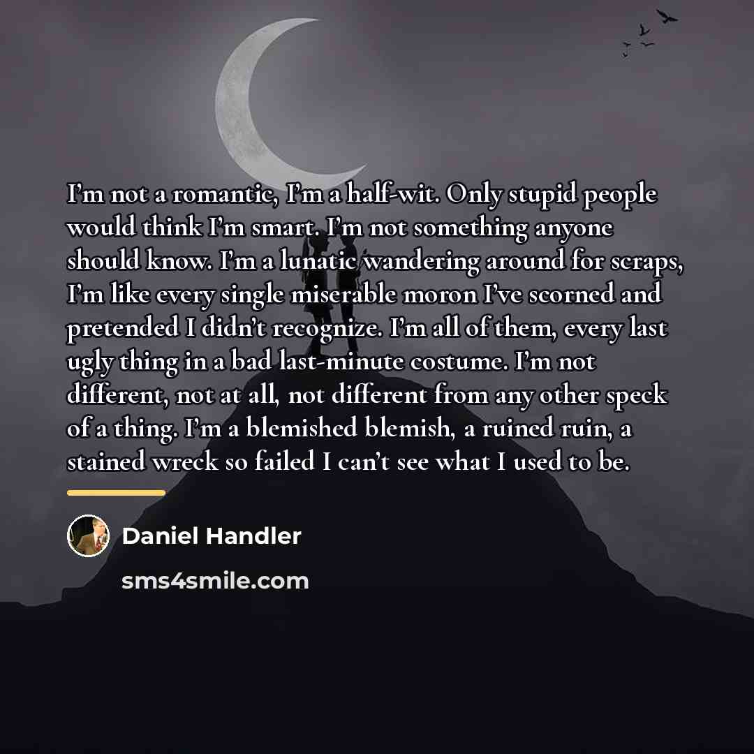 “I’m not a romantic, I’m a half-wit. Only stupid people…” quote by Daniel Handler