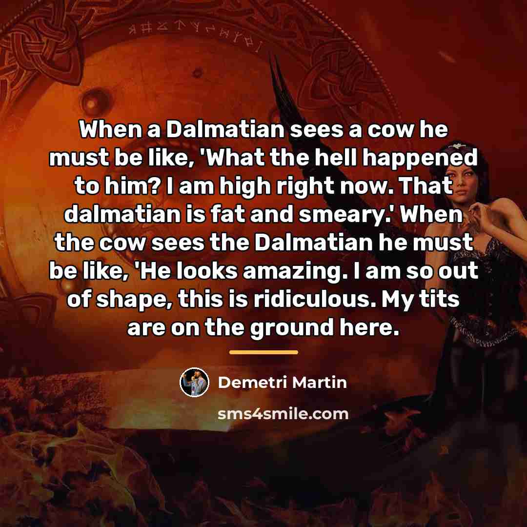 “When a Dalmatian sees a cow he must be like,…” quote by Demetri Martin