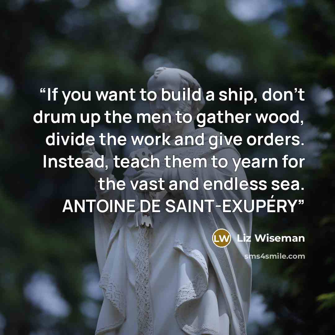 “If you want to build a ship, don’t drum up the men to gather wood, divide the work and give orders. Instead, teach them to yearn for the vast and endless sea. ANTOINE DE SAINT-EXUPÉRY” quote by Liz Wiseman