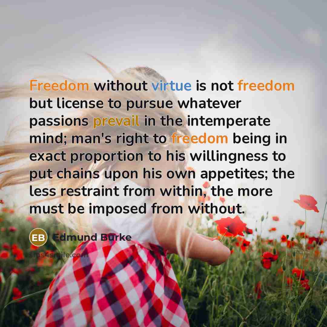 “Freedom without virtue is not freedom but license to pursue…” quote by Edmund Burke