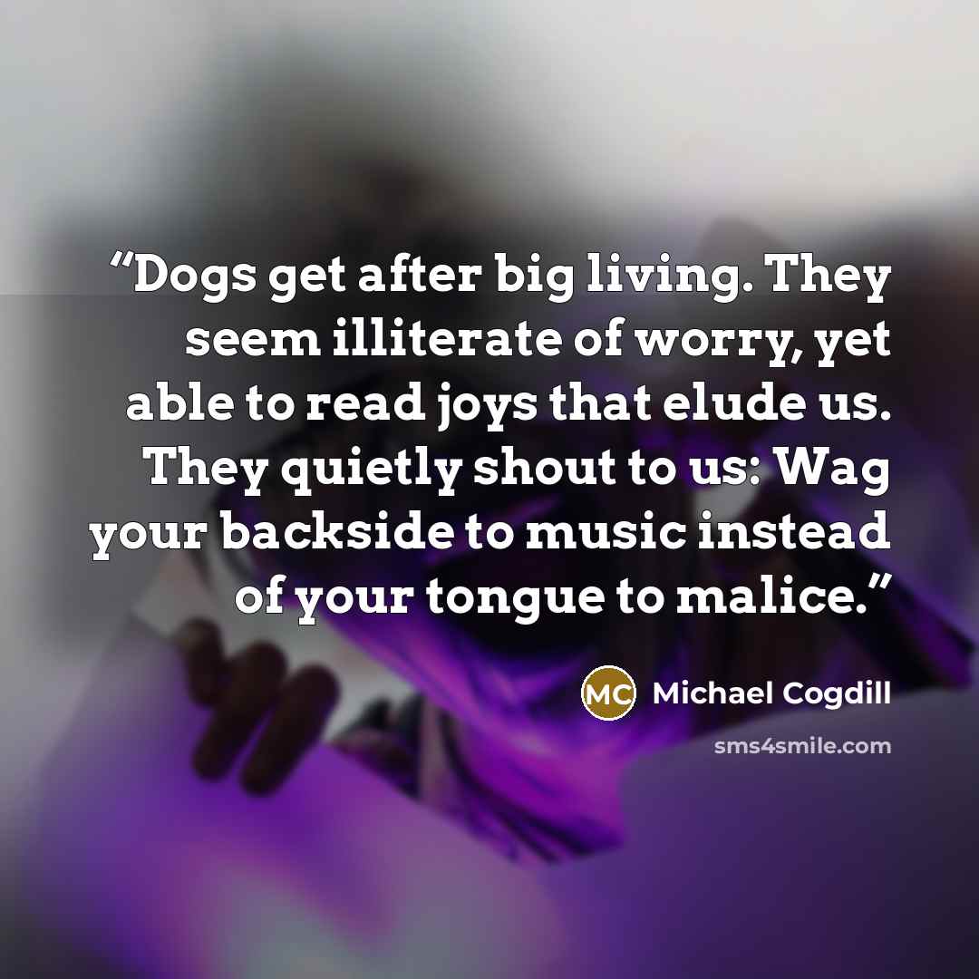 “Dogs get after big living. They seem illiterate of worry, yet able to read joys that elude us. They quietly shout to us: Wag your backside to music instead of your tongue to malice.” quote by Michael Cogdill
