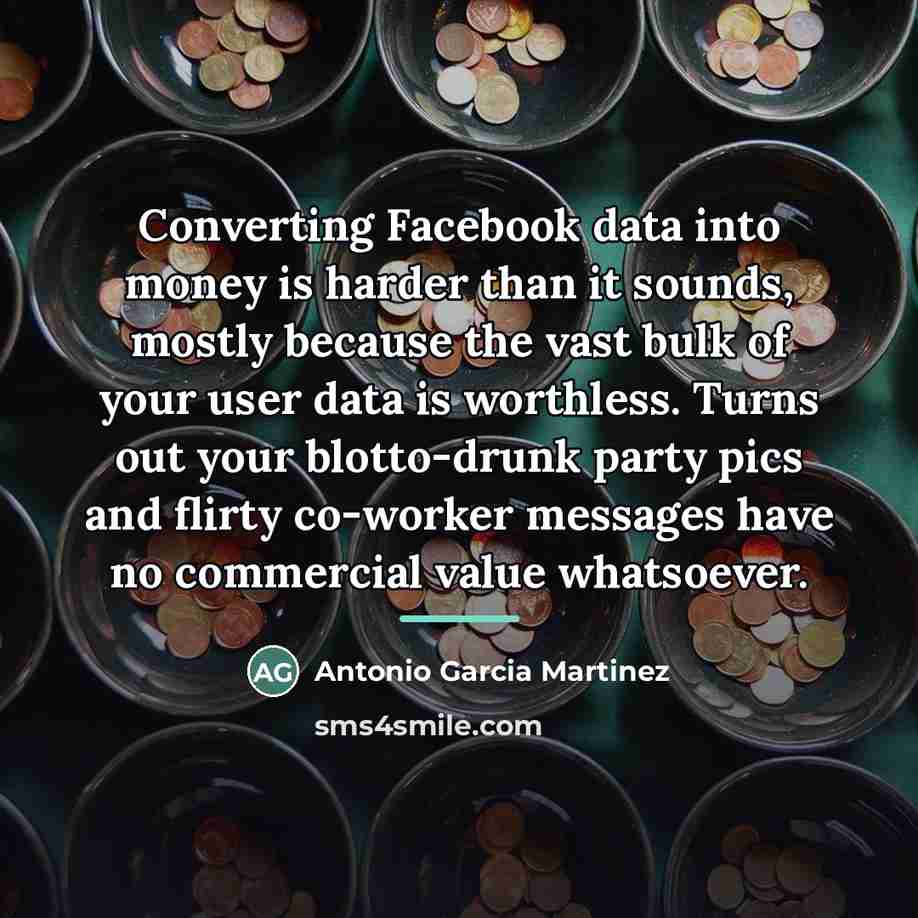 “Converting Facebook data into money is harder than it sounds,…” quote by Antonio Garcia Martinez