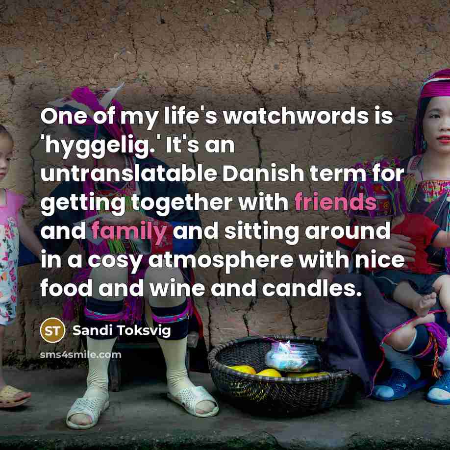 “One of my life's watchwords is 'hyggelig.' It's an untranslatable Danish term for getting together with friends and family and sitting around in a cosy atmosphere with nice food and wine and candles.” quote by Sandi Toksvig