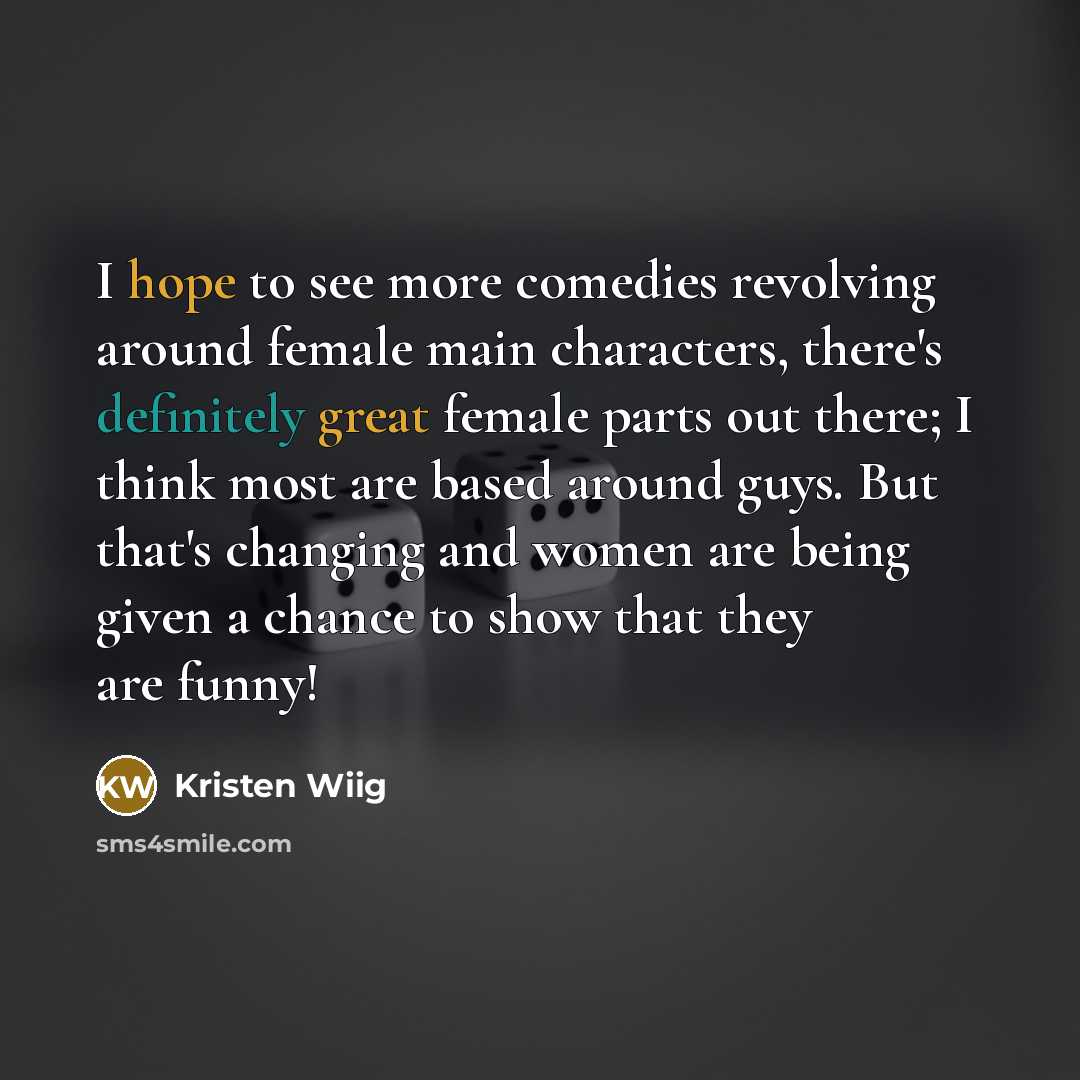 “I hope to see more comedies revolving around female main characters, there's definitely great female parts out there; I think most are based around guys. But that's changing and women are being given a chance to show that they are funny!” quote by Kristen Wiig