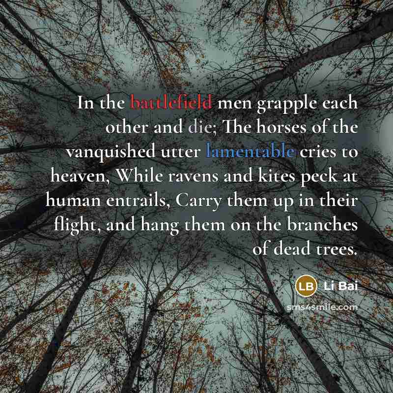 “In the battlefield men grapple each other and die; The horses of the vanquished utter lamentable cries to heaven, While ravens and kites peck at human entrails, Carry them up in their flight, and hang them on the branches of dead trees.” quote by Li Bai