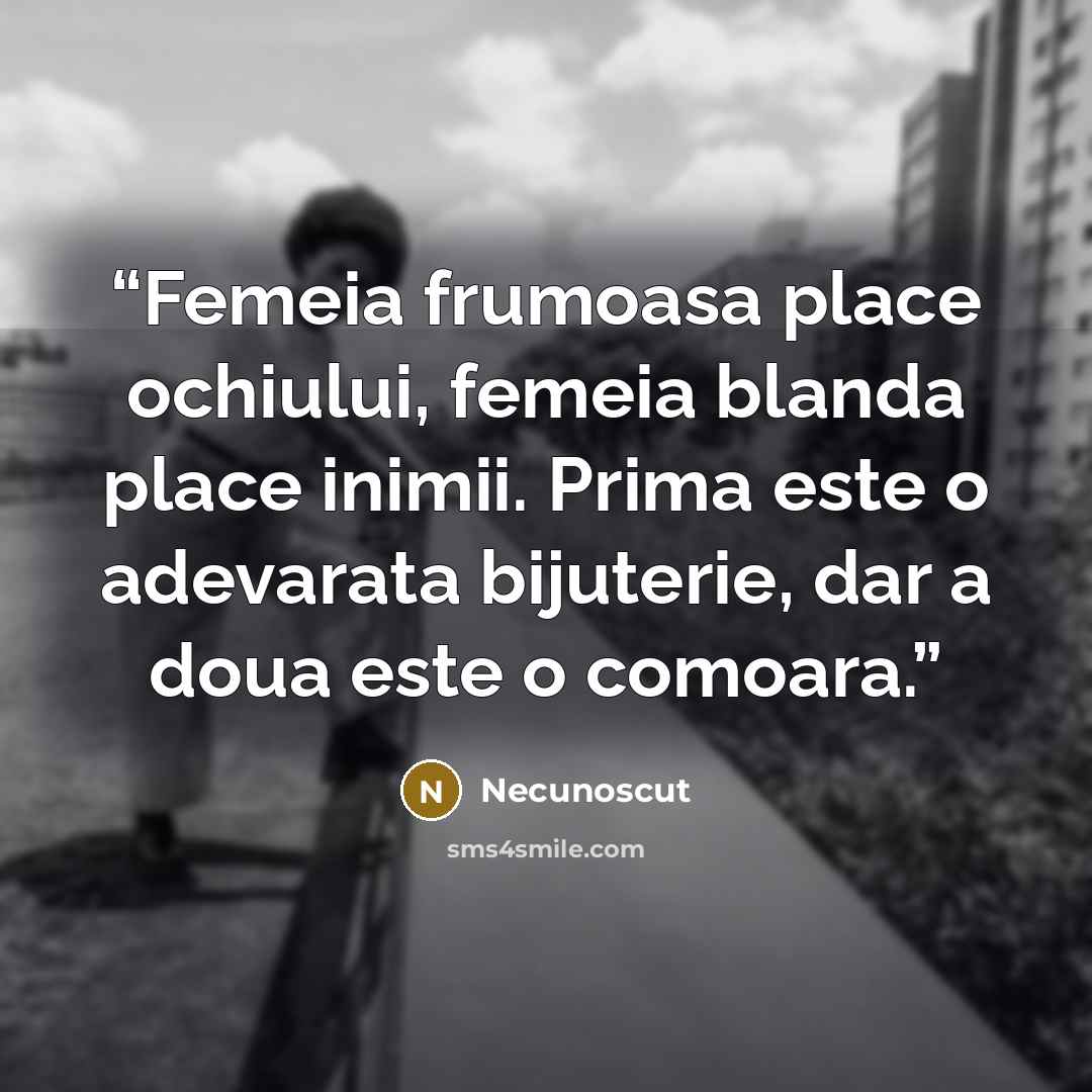 “Femeia frumoasa place ochiului, femeia blanda place inimii. Prima este o adevarata bijuterie, dar a doua este o comoara.” quote by Necunoscut