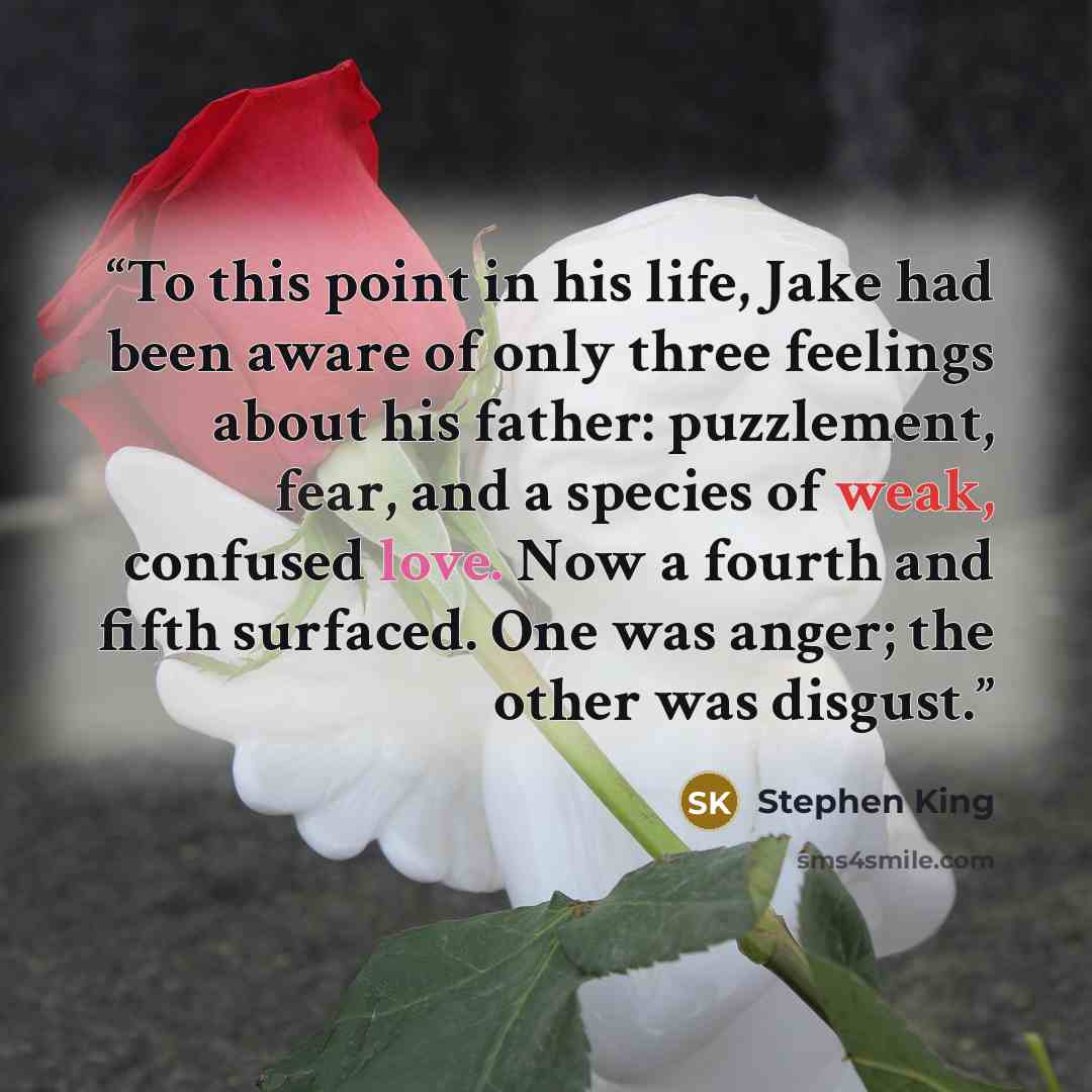 “To this point in his life, Jake had been aware of only three feelings about his father: puzzlement, fear, and a species of weak, confused love. Now a fourth and fifth surfaced. One was anger; the other was disgust.” quote by Stephen King