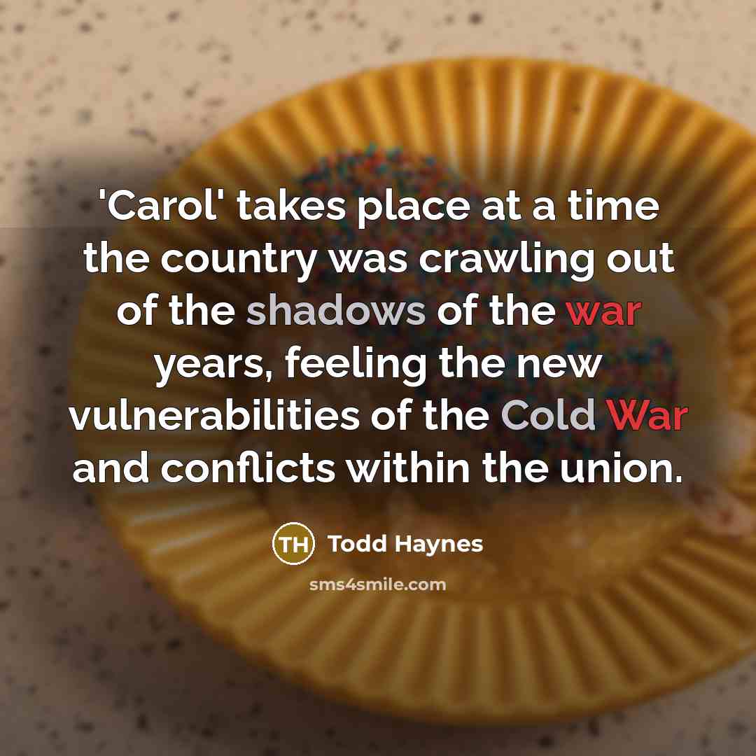 “'Carol' takes place at a time the country was crawling out of the shadows of the war years, feeling the new vulnerabilities of the Cold War and conflicts within the union.” quote by Todd Haynes