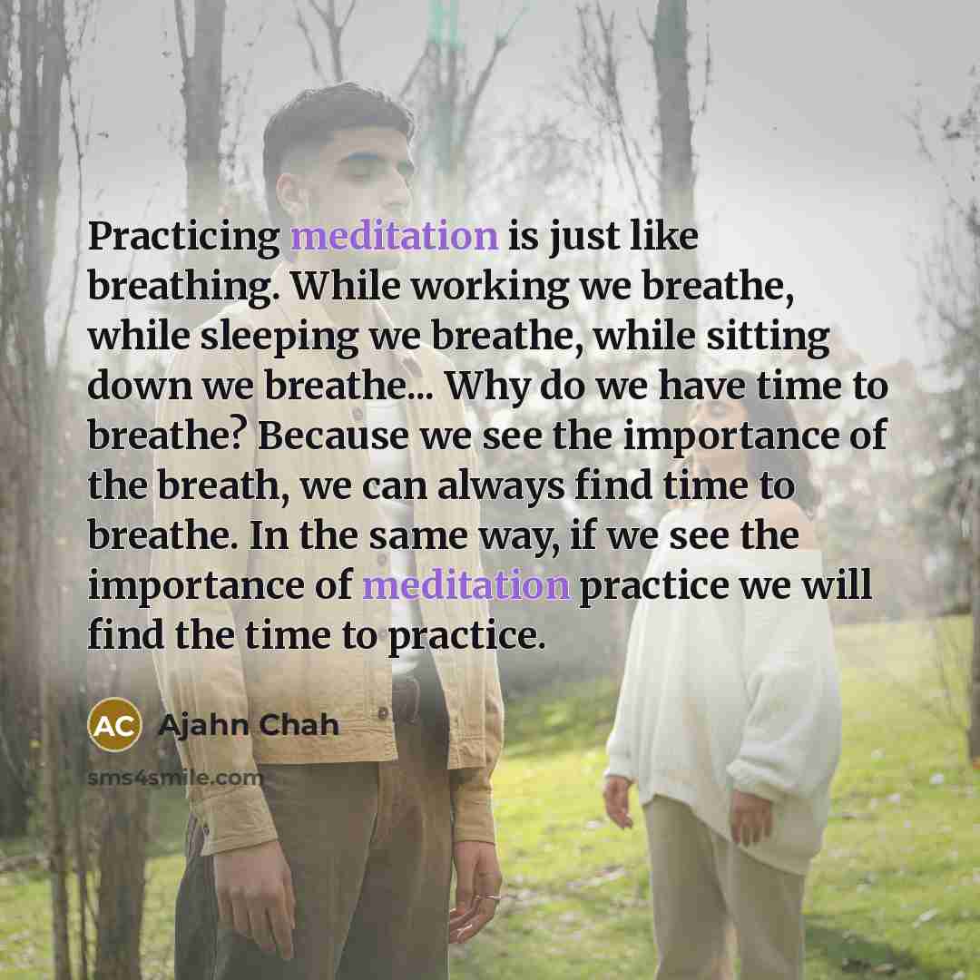“Practicing meditation is just like breathing. While working we breathe,…” quote by Ajahn Chah