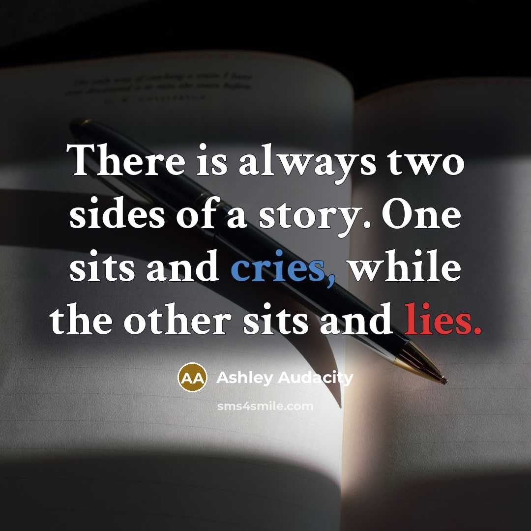 “There is always two sides of a story. One sits and cries, while the other sits and lies.” quote by Ashley Audacity