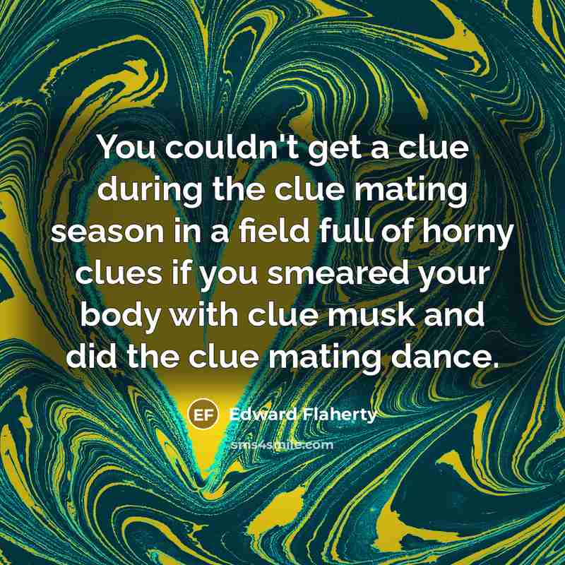 “You couldn't get a clue during the clue mating season in a field full of horny clues if you smeared your body with clue musk and did the clue mating dance.” quote by Edward Flaherty