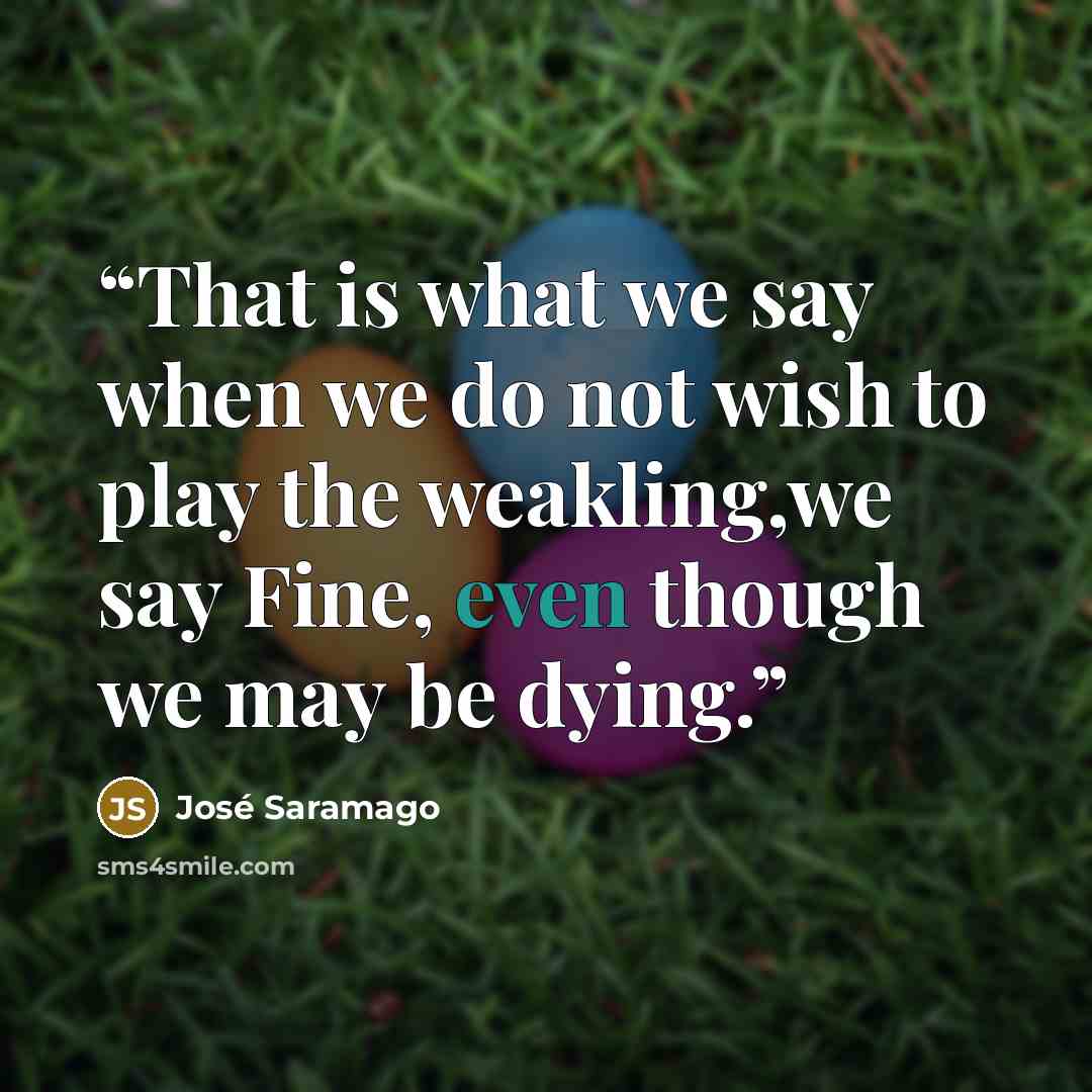 “That is what we say when we do not wish to play the weakling,we say Fine, even though we may be dying.” quote by José Saramago